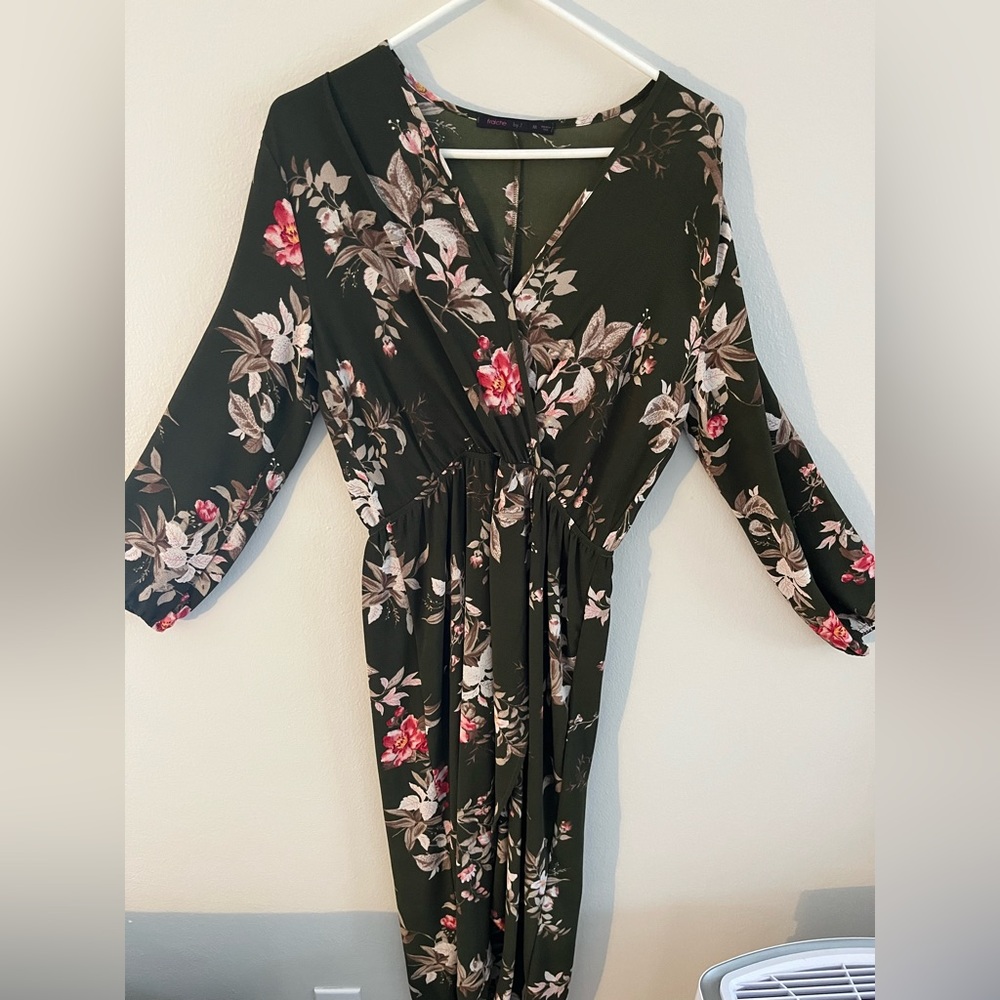 Fraiche by J Wrap Front, Long Sleeve, Olive green floral dress, Medium